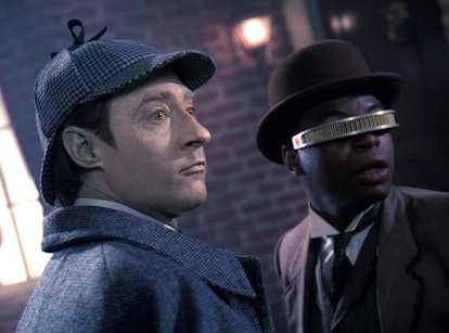 Data (Brent Spiner) and Geordi (LeVar Burton) and Sherlock Holmes and Dr. Watson.