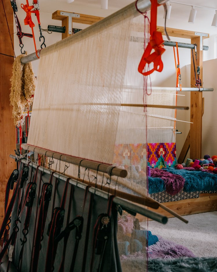 Traditional Navajo wood looms in the artist Melissa Cody’s studio.