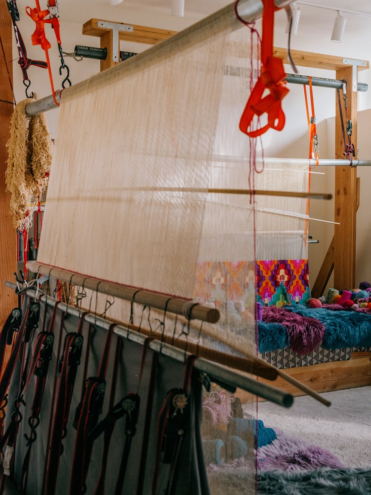 Traditional Navajo wood looms in the artist Melissa Cody’s studio.