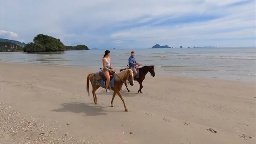 Zach Shallcross horseback riding on the beach in Krabi, Thailand, via the Bachelor Season 27 trailer