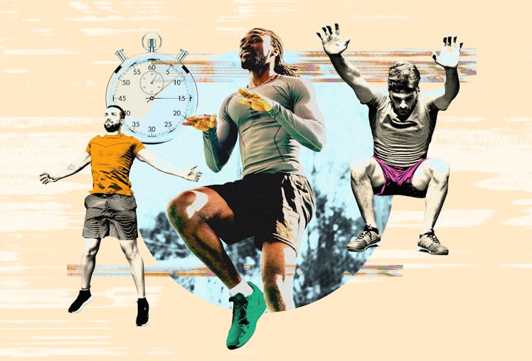 Collage of men doing HIIT workout exercises.