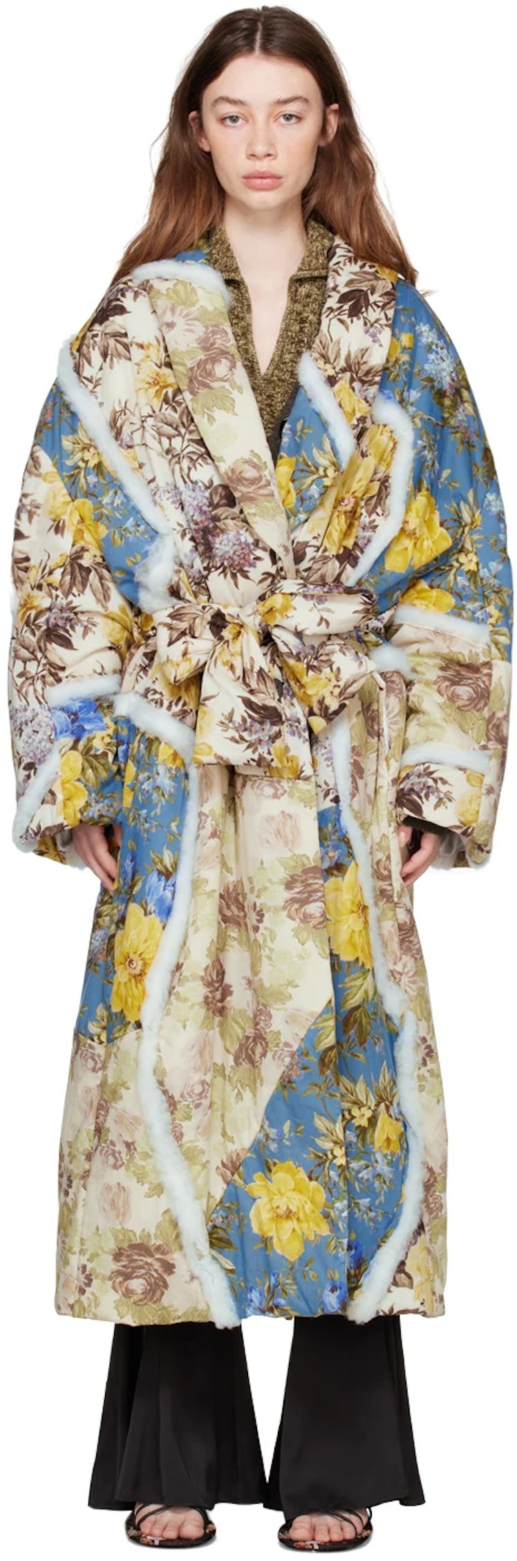Beige & Blue Patch Flower Print Coat
