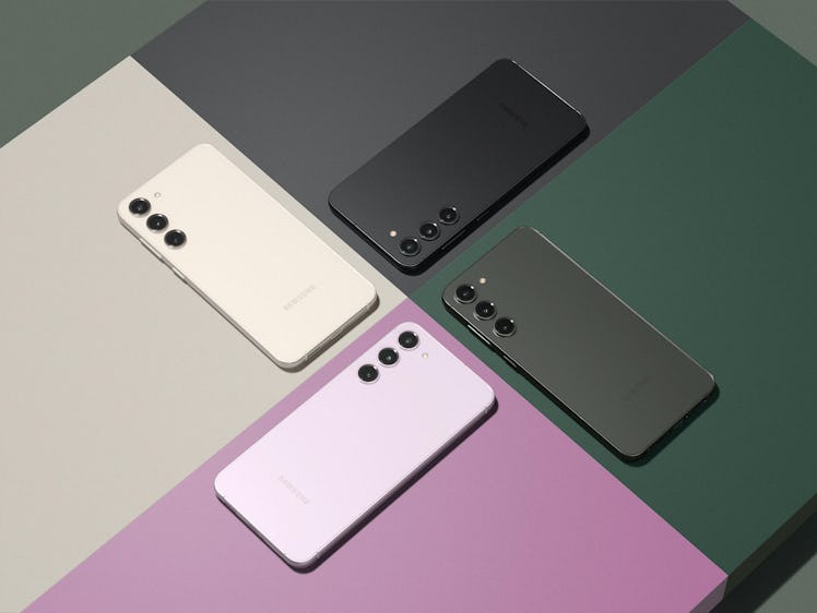 The Galaxy S23 Plus in Cream, Phantom Black, Green, and Lavender.