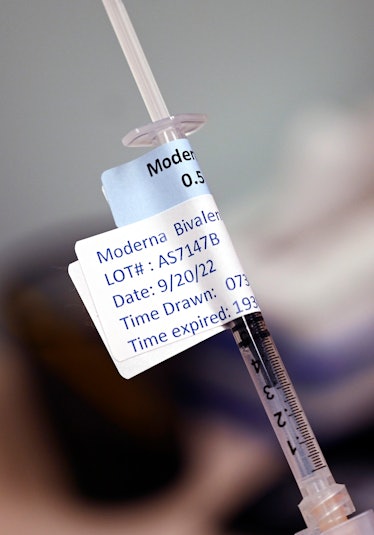 This photo shows a vial of the Moderna Covid-19 vaccine, Bivalent, at AltaMed Medical clinic in Los ...