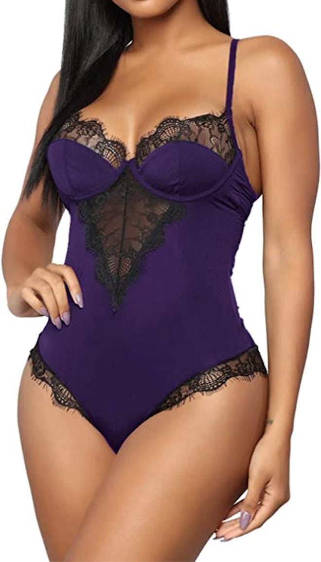 Dewinya Contrast Lace Teddy Bodysuit