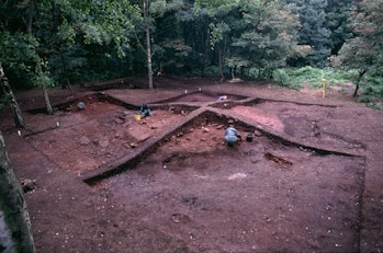 color photo of a partially excavated burial mound surrounded by woods