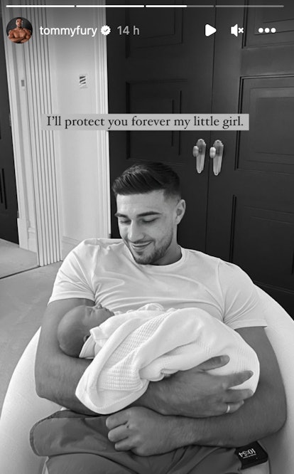 Tommy Fury instagram post with him holding his newborn baby in his arms
