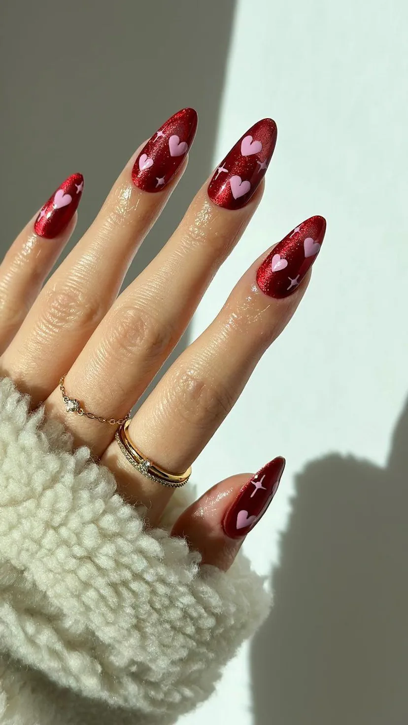 Red nails with pink hearts are a simple heart nail art design for Valentine's Day 2023.