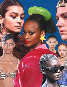 A collage of models rocking the 9 biggest beauty trends of 2023, including vinyl lips, fresh skin, h...