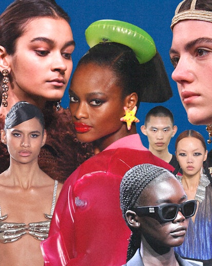 A collage of models rocking the 9 biggest beauty trends of 2023, including vinyl lips, fresh skin, h...