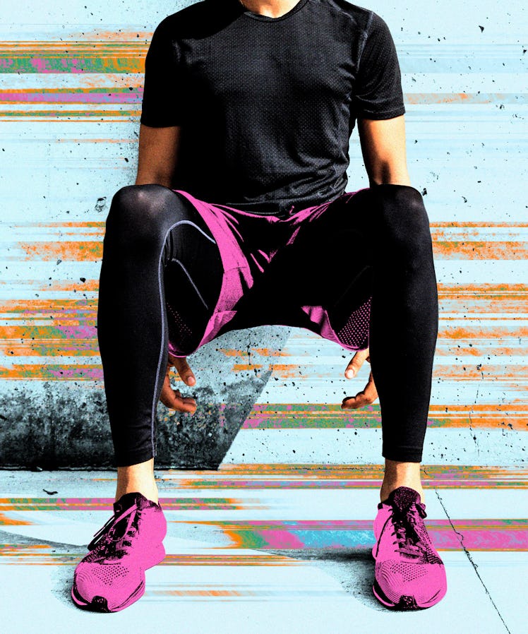 A man sitting down in workout clothing after doing isomectric exercises