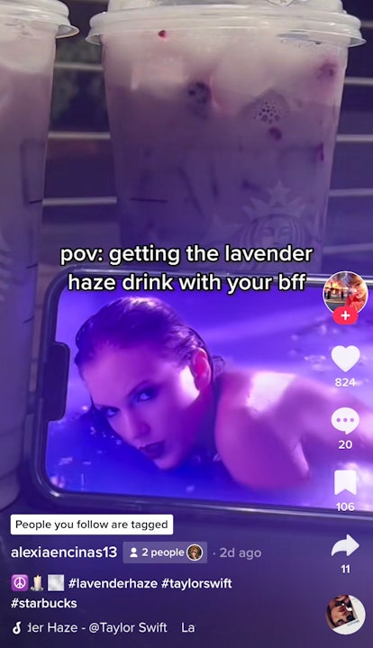 TikTokers enjoy the lavender haze drink from Starbucks while watching Taylor Swift "Lavender Haze" m...