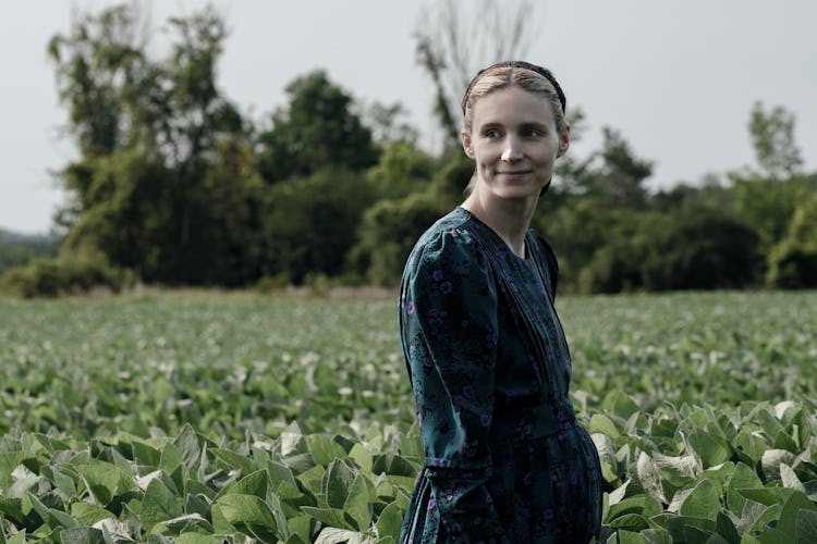 Rooney Mara stars as Ona in Women Talking, pictured walking in a field, pregnant 