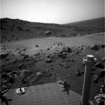 View from the Mars rover Opportunity exploring the rim of Endeavor crater in 2014. Photo...