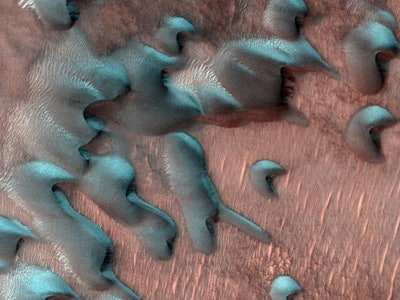 This image, acquired on July 22, 2022, by NASA's Mars Reconnaissance Orbiter, shows sand dunes movin...
