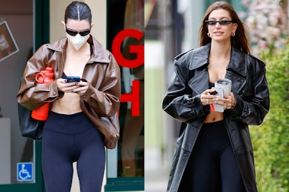 kendall jenner and  hailey bieber wear leather coats to the gym