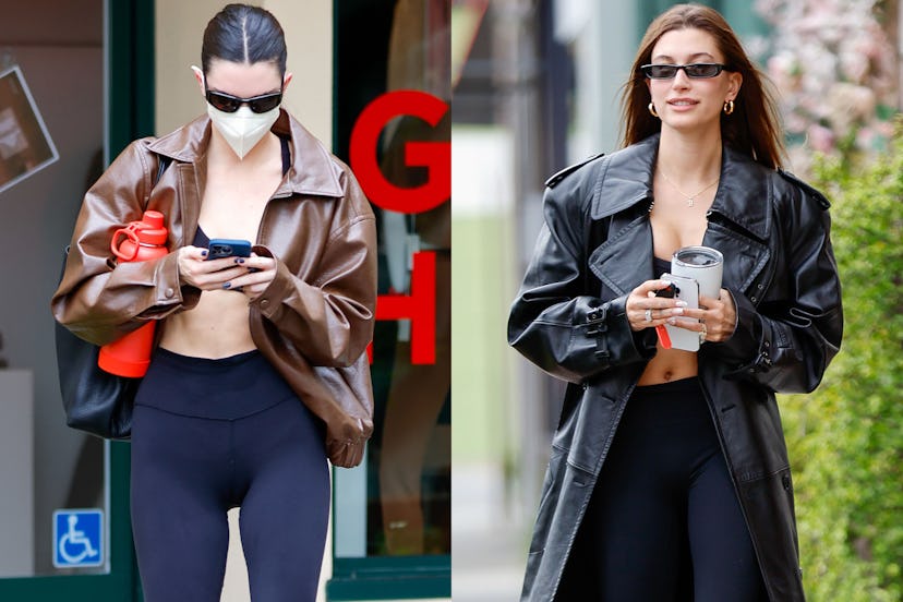 kendall jenner and hailey bieber wear leather coats to the gym