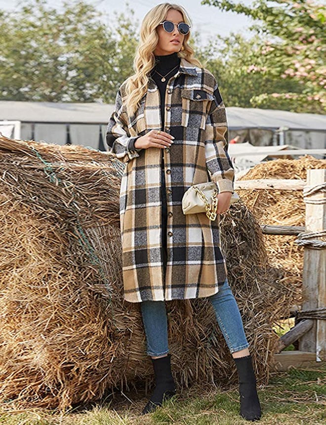 PUWEI Long Plaid Shacket