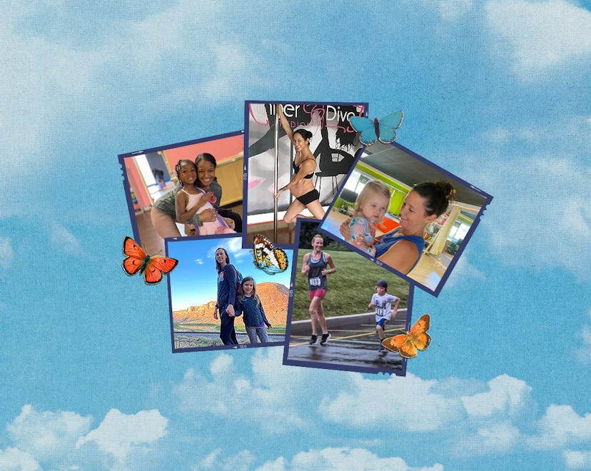 collage of personal photos from moms working out on a cloudy sky backdrop for article on why moms ex...