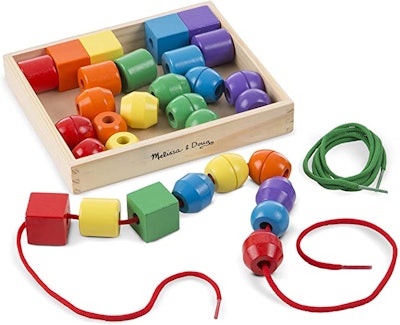 Melissa & Doug Primary Lacing Beads are a toy to help develop pincer grasp in older kids.