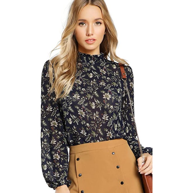 Floerns Floral High Neck Georgette Chiffon Blouse