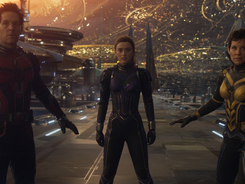 Paul Rudd, Kathryn Newton, and Evangeline Lilly stand in the Quantum Realm together in Ant-Man and t...