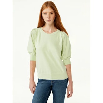 Pleat Shoulder Sweater with Short Sleeves, Lightweight