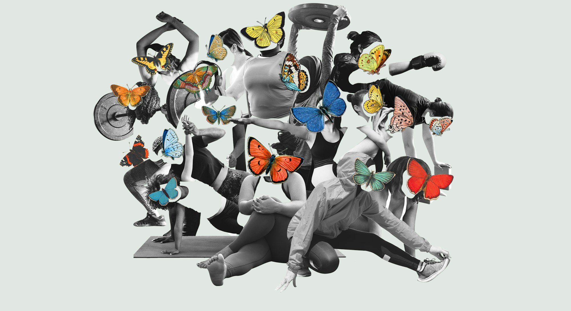 Collage of bodies working out with colorful butterflies, in an essay about building a healthy relati...