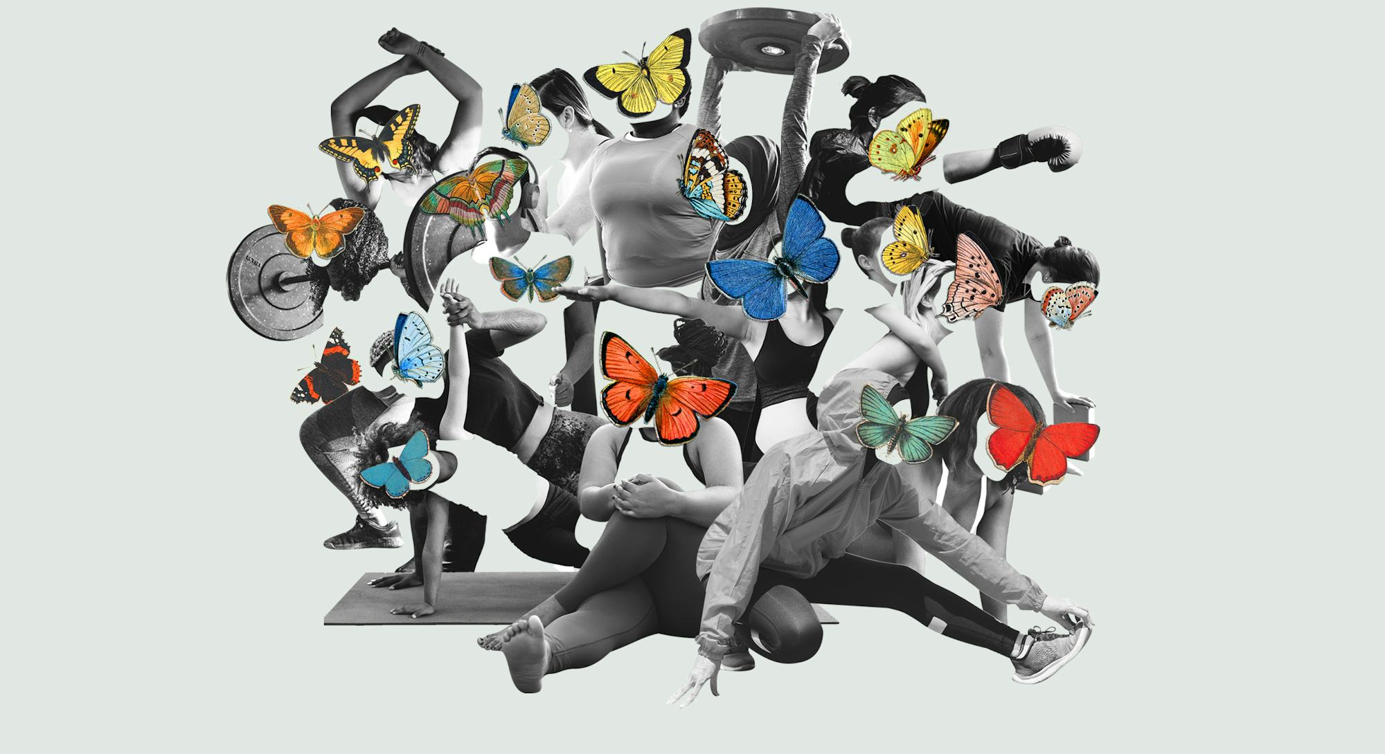 Collage of bodies working out with colorful butterflies, in an essay about building a healthy relati...