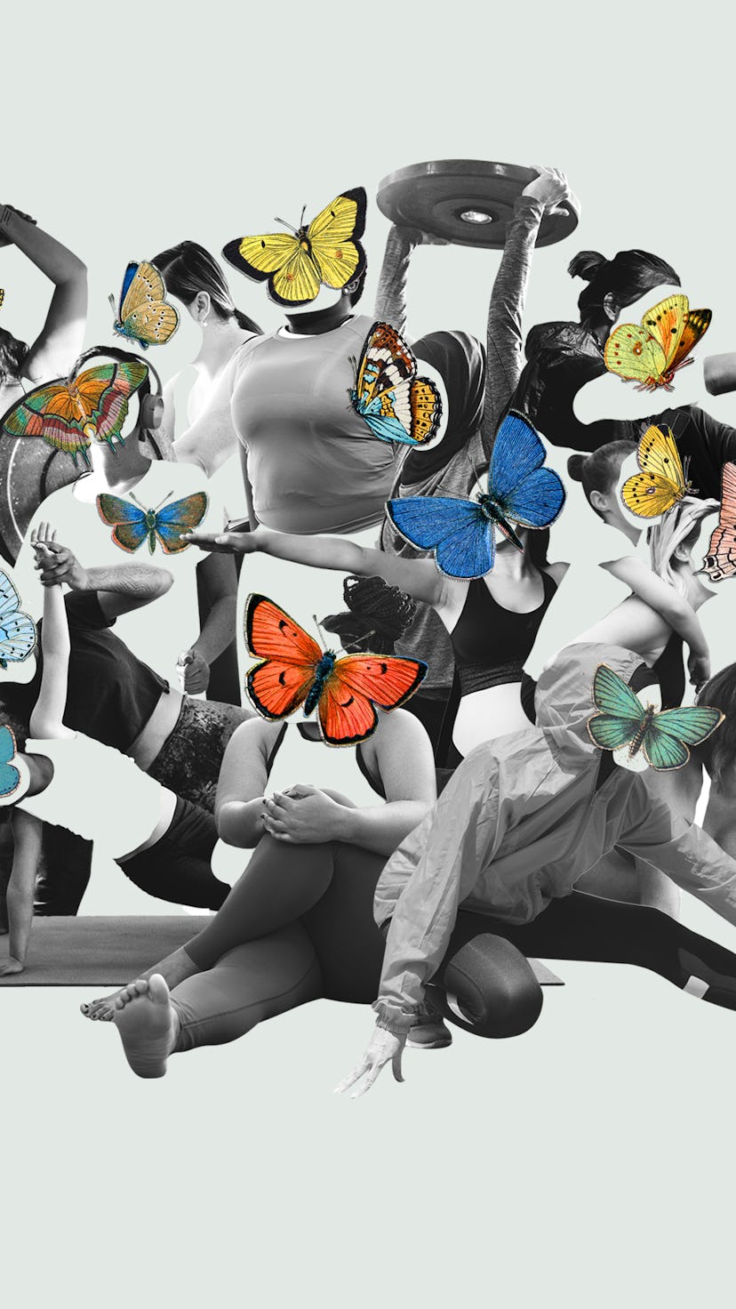 Collage of bodies working out with colorful butterflies, in an essay about building a healthy relati...