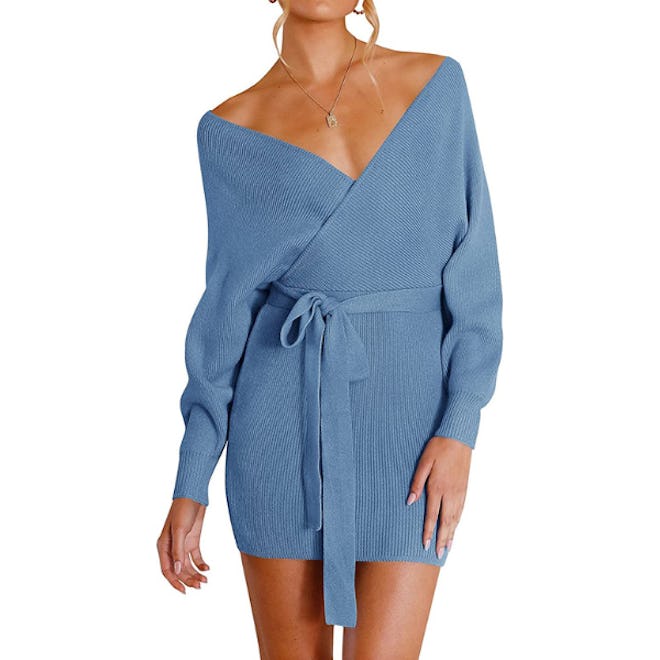 ZESICA Batwing Sleeve Wrap Sweater Dress