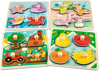 Funsland Wooden Peg Puzzles are a toy to help work on pincer grasp with babies.