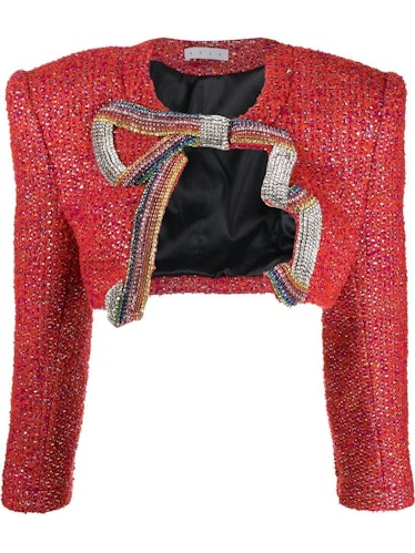 AREA red crystal embroidered cropped jacket