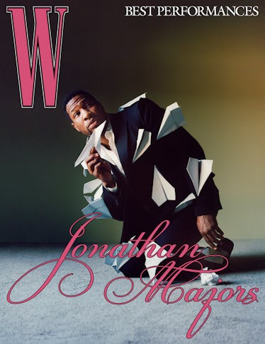 Jonathan Majors wears a Louis Vuitton Men’s jacket, shirt, and pants; Adidas sneakers.