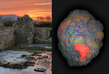 An image of the archaeological site of Privernum, Italy, and a map of the ingredients in the concret...