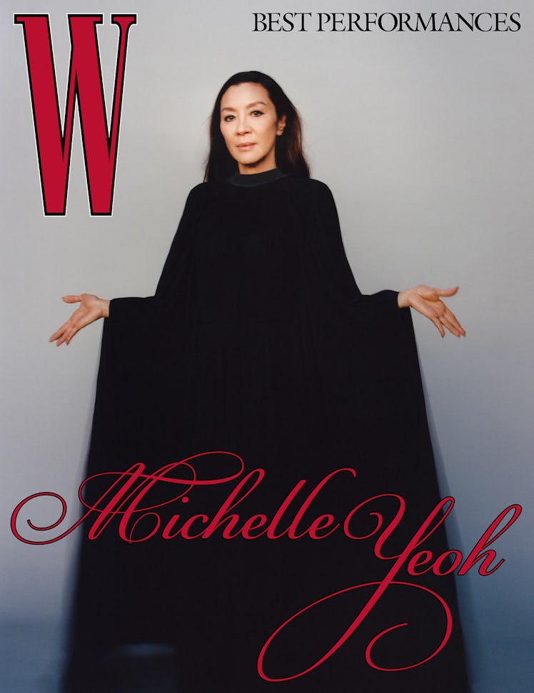 Yeoh wears a Balenciaga dress and pantashoes.