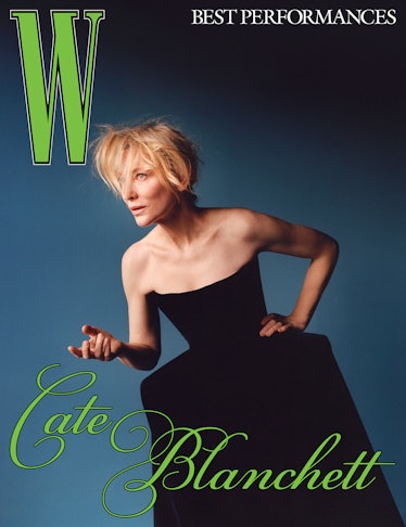 Blanchett wears a Loewe dress.