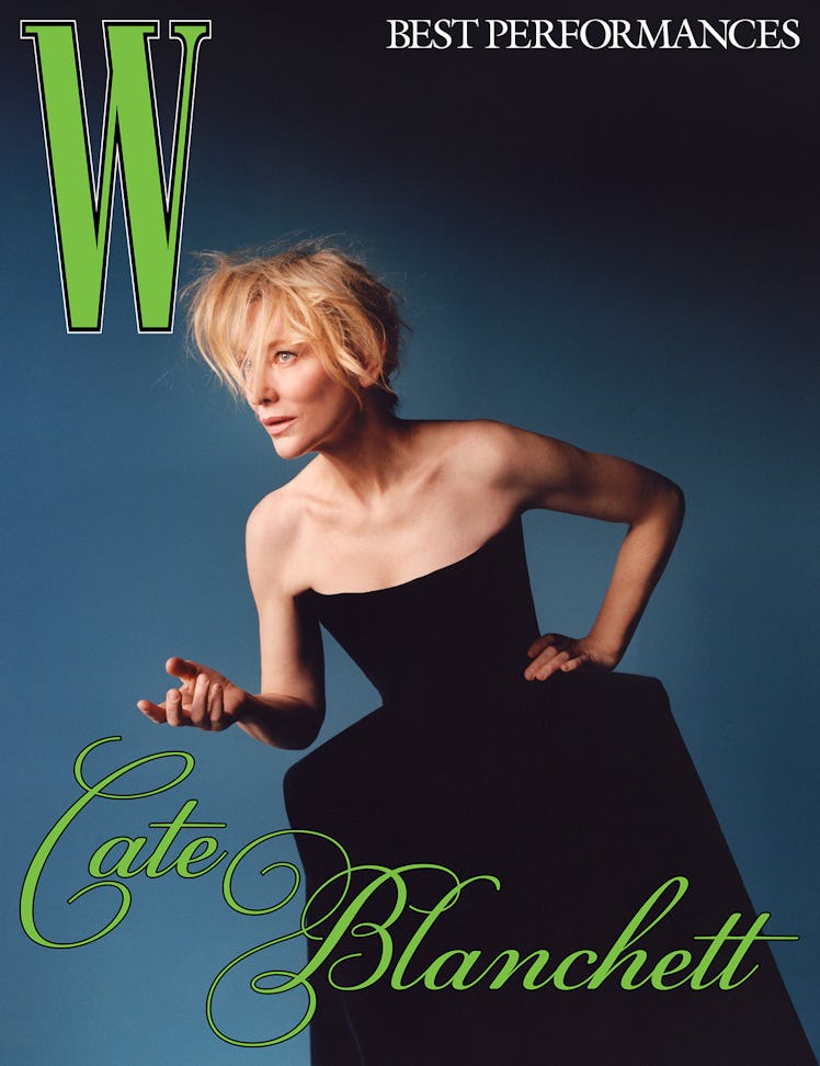 Blanchett wears a Loewe dress.