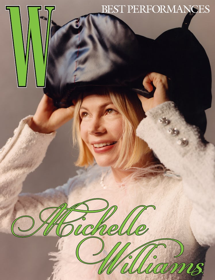 Michelle Williams wears a Chanel jacket; Maison Margiela Artisanal by John Galliano hat; Messika Par...