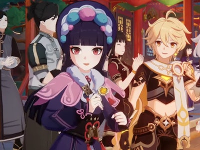 Yunjin, the Traveler, and Paimon waving at Lantern Rite