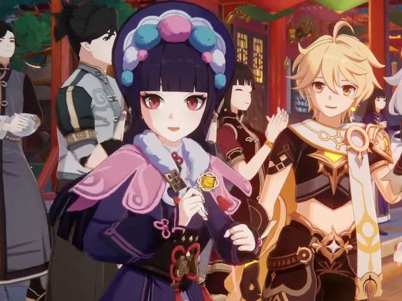 Yunjin, the Traveler, and Paimon waving at Lantern Rite