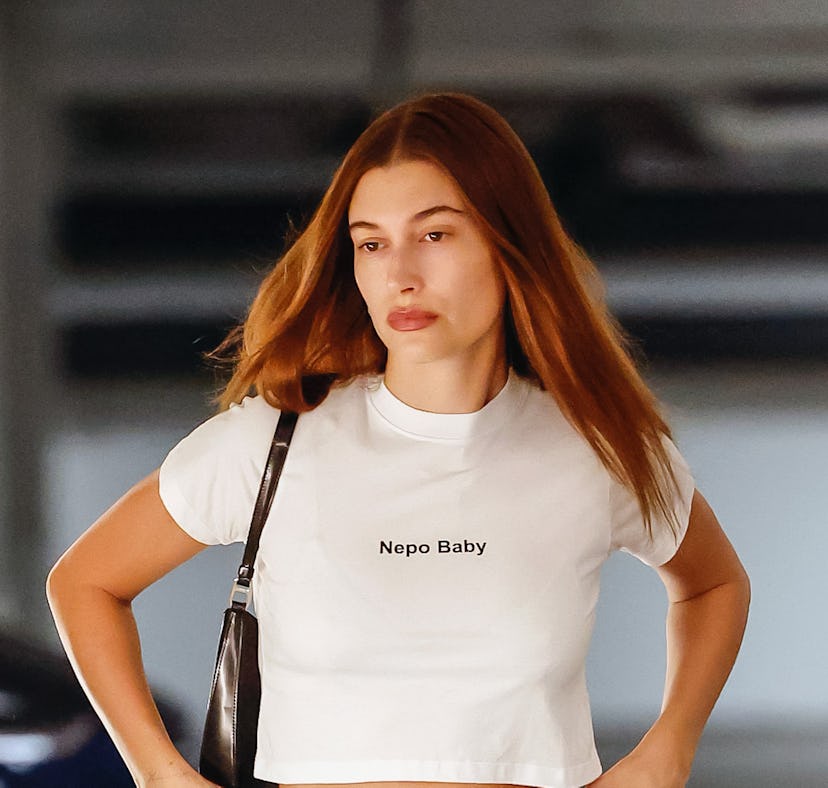 Hailey Bieber wearing a "nepo baby" T-shirt on Friday, January 6, 2023.