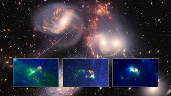 color image of 4 galaxies colliding, with insets showing areas of hot and cold gas in orange and gre...