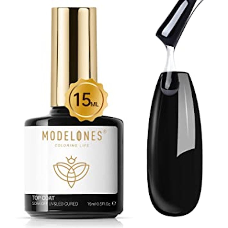 If you're looking for an extra-glossy top coat for dip nails, consider this gel top coat that cures ...