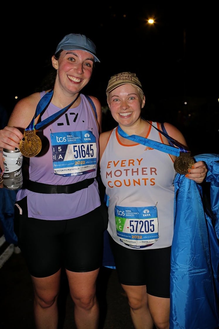 Two tired and proud moms after finishing the marathon.