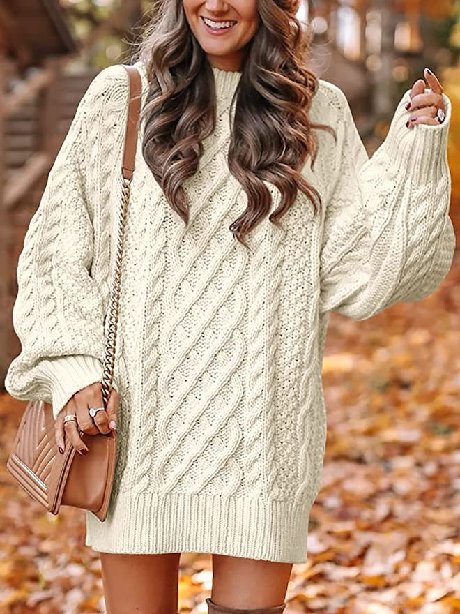 ANRABESS Oversized Crewneck Cable Knit Sweater Dress