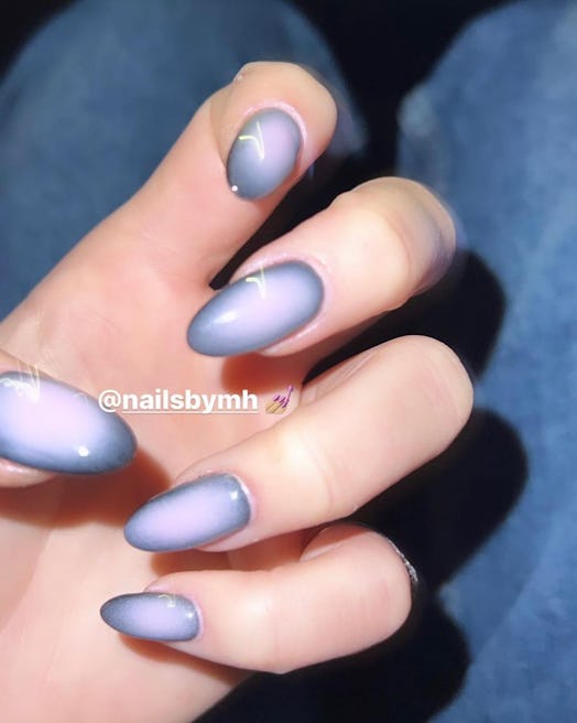 Dua Lipa pink aura nails to attract love with purple edges airbrushed long almond nails