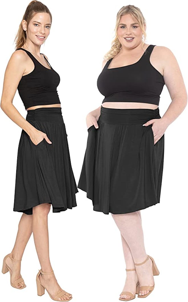 STRETCH IS COMFORT Scoop Hem Flare Mid-Length Skirt