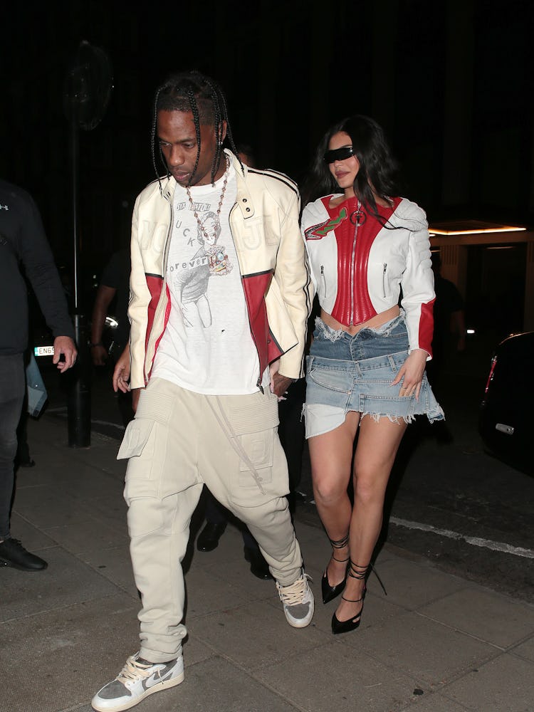 Travis Scott and Kylie Jenner are seen on a night out at The Twenty Two in Mayfair on August 06, 202...