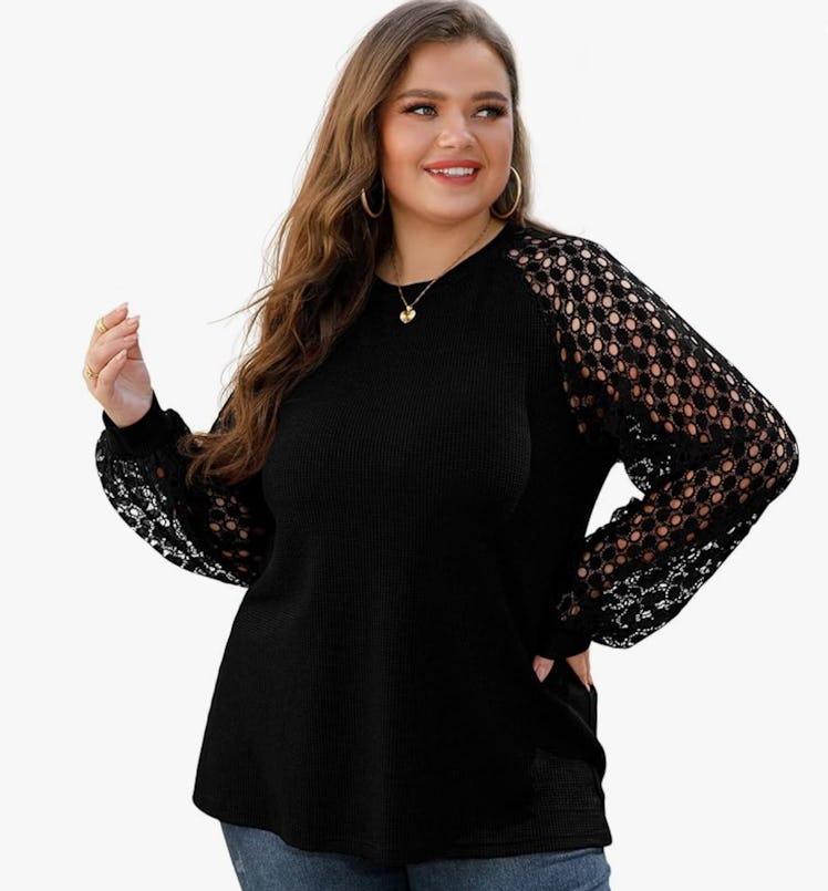 OLRIK Waffle Knit Lace Sleeve Shirt